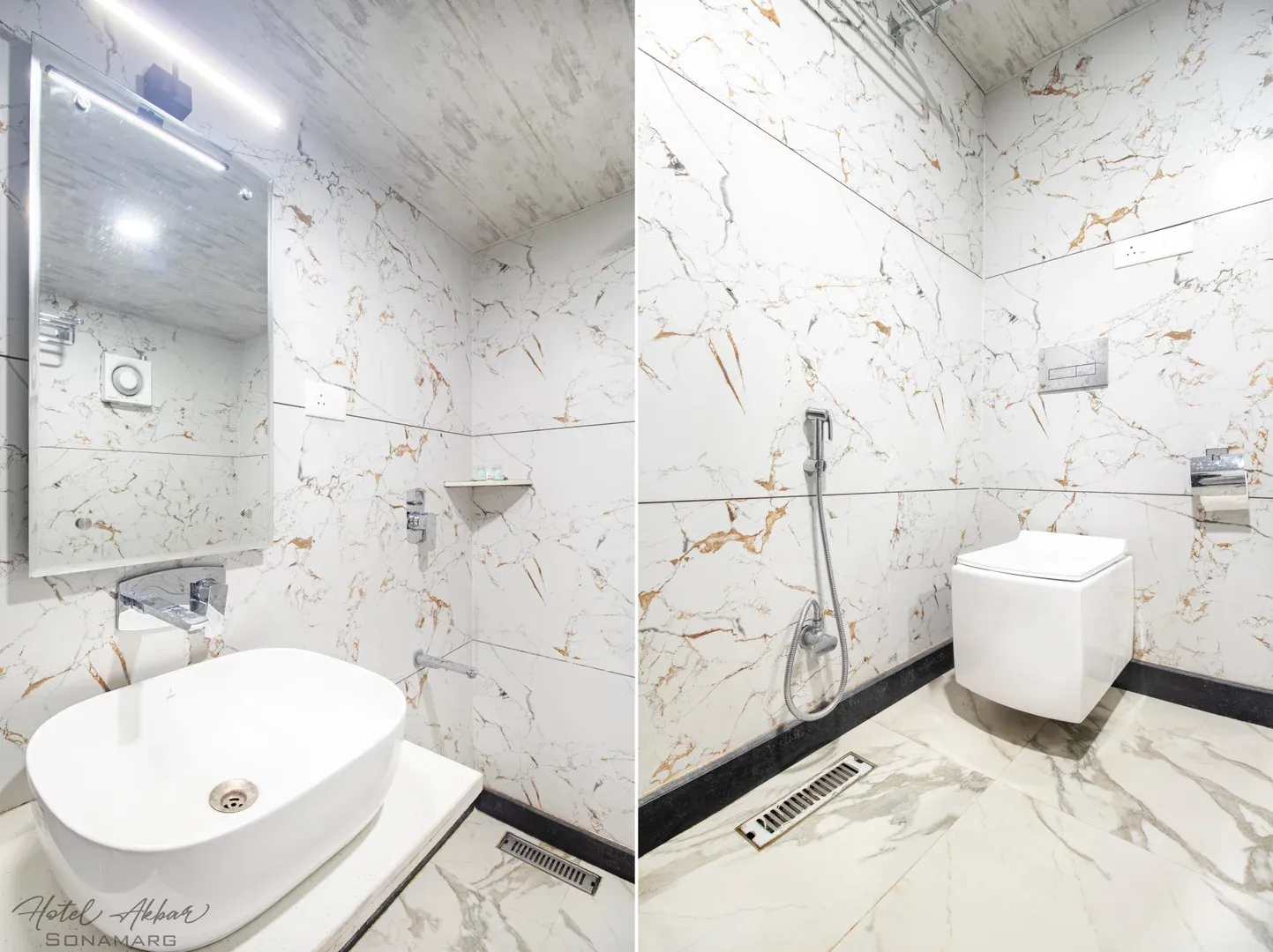 Elegant modern hotel washroom interior details.