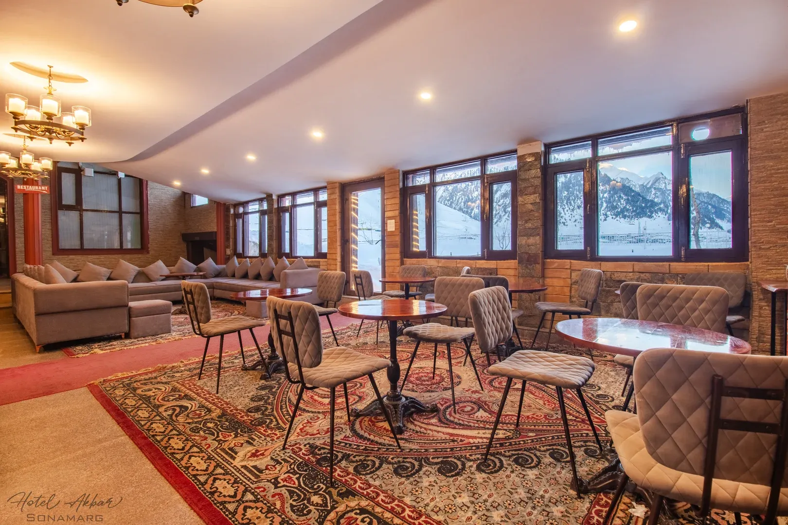 Luxurious lounge seating and patterned carpet.