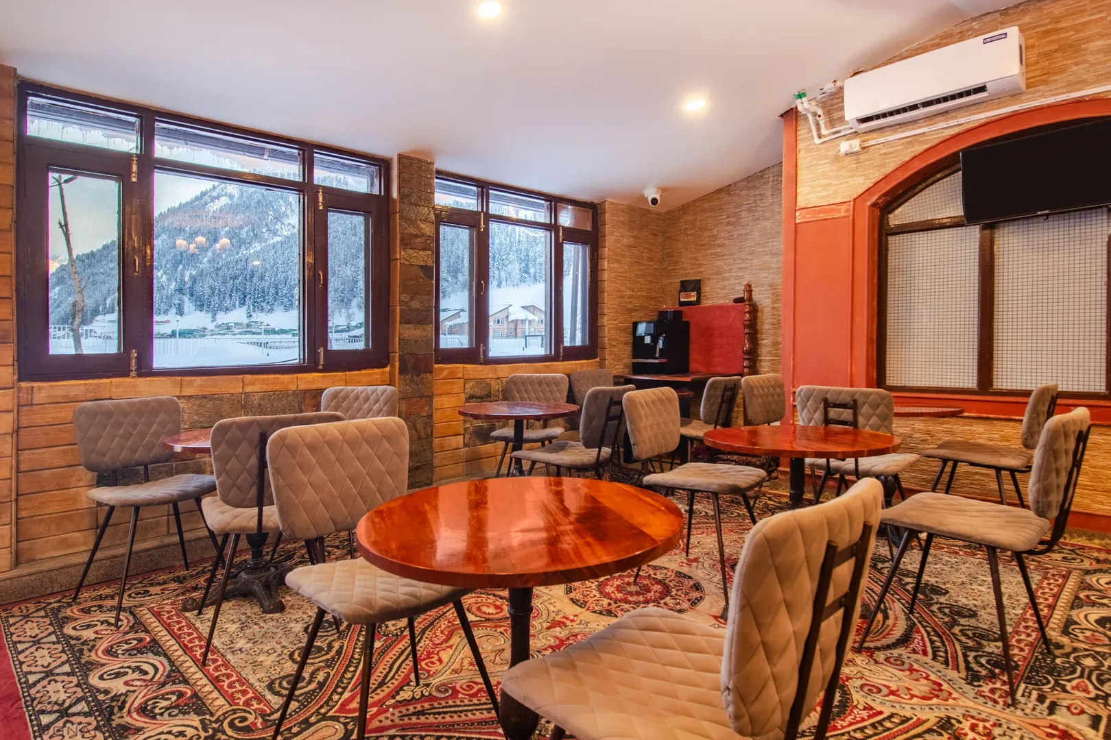 Spacious indoor dining area with natural light.